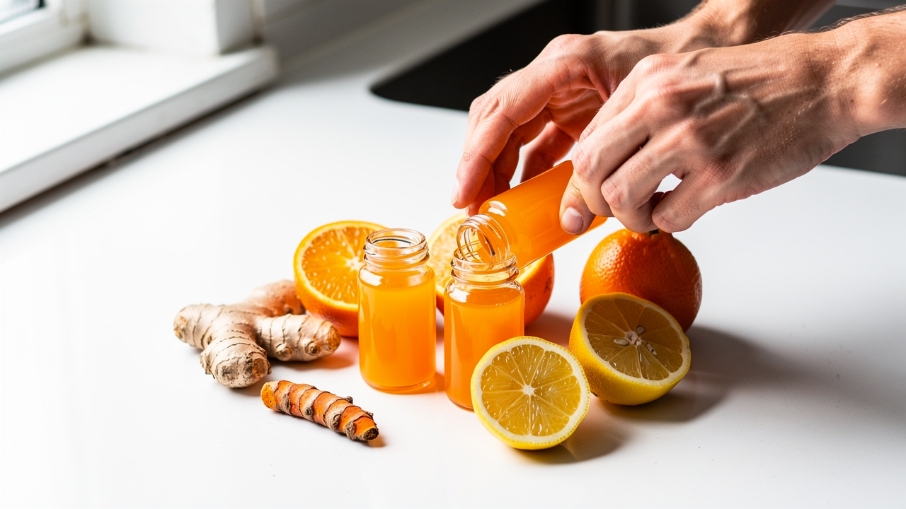 immunity-shot-cold-flu-season-nutrition-hero Immunity shot bottles with ginger, turmeric, and citrus for cold and flu season nutrition