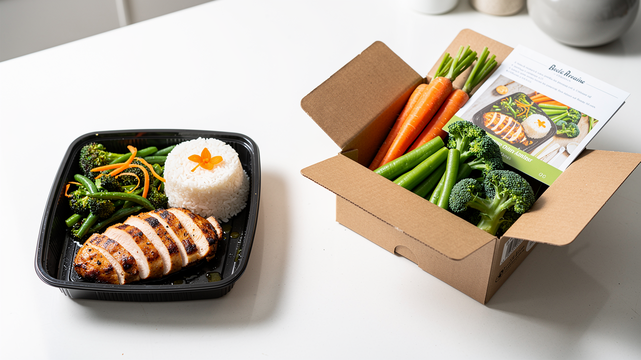 meal-prep-delivery-vs-meal-kits-hero Ready-to-eat meal prep container beside an unopened meal kit box