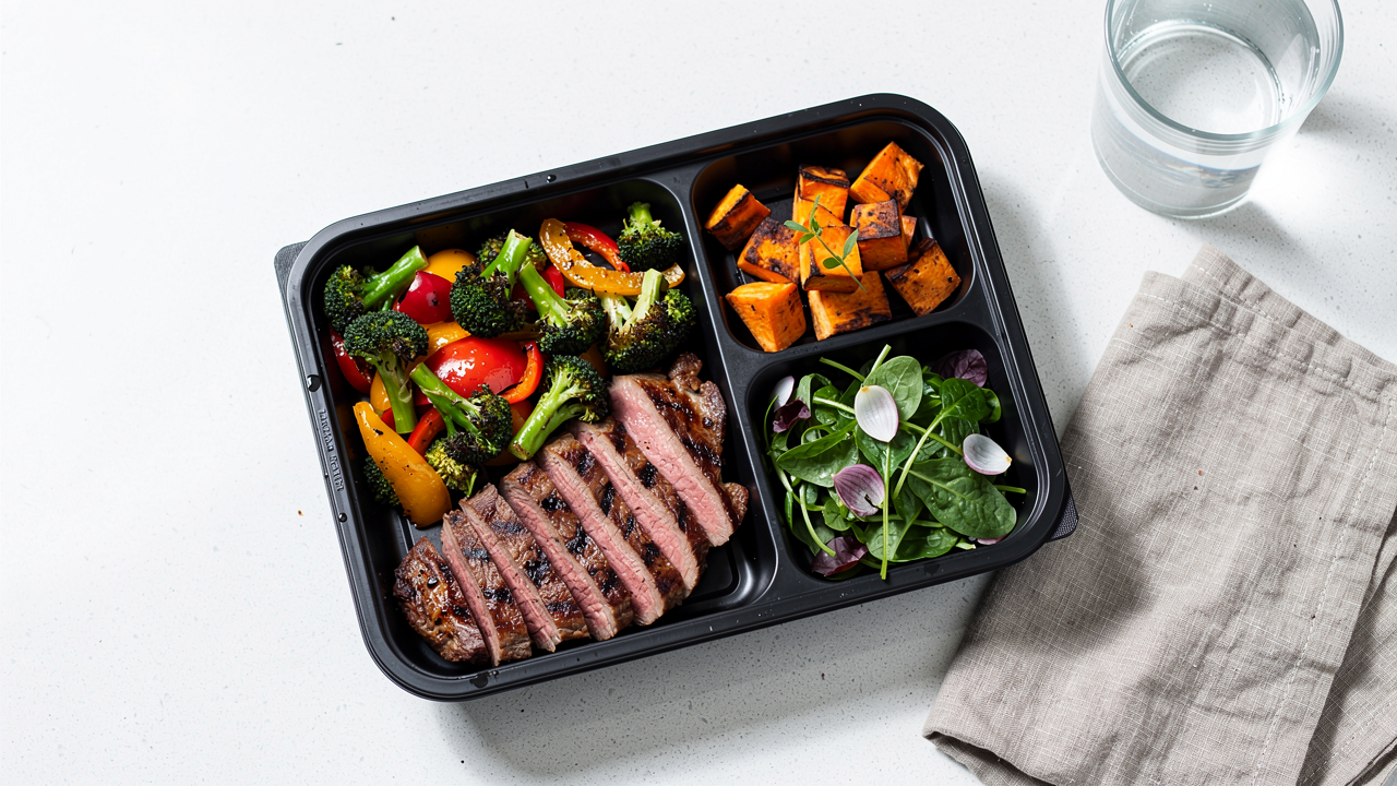 whole30-paleo-meal-delivery-san-diego-hero Portioned Whole30 and Paleo meal prep container with grilled protein and vegetables